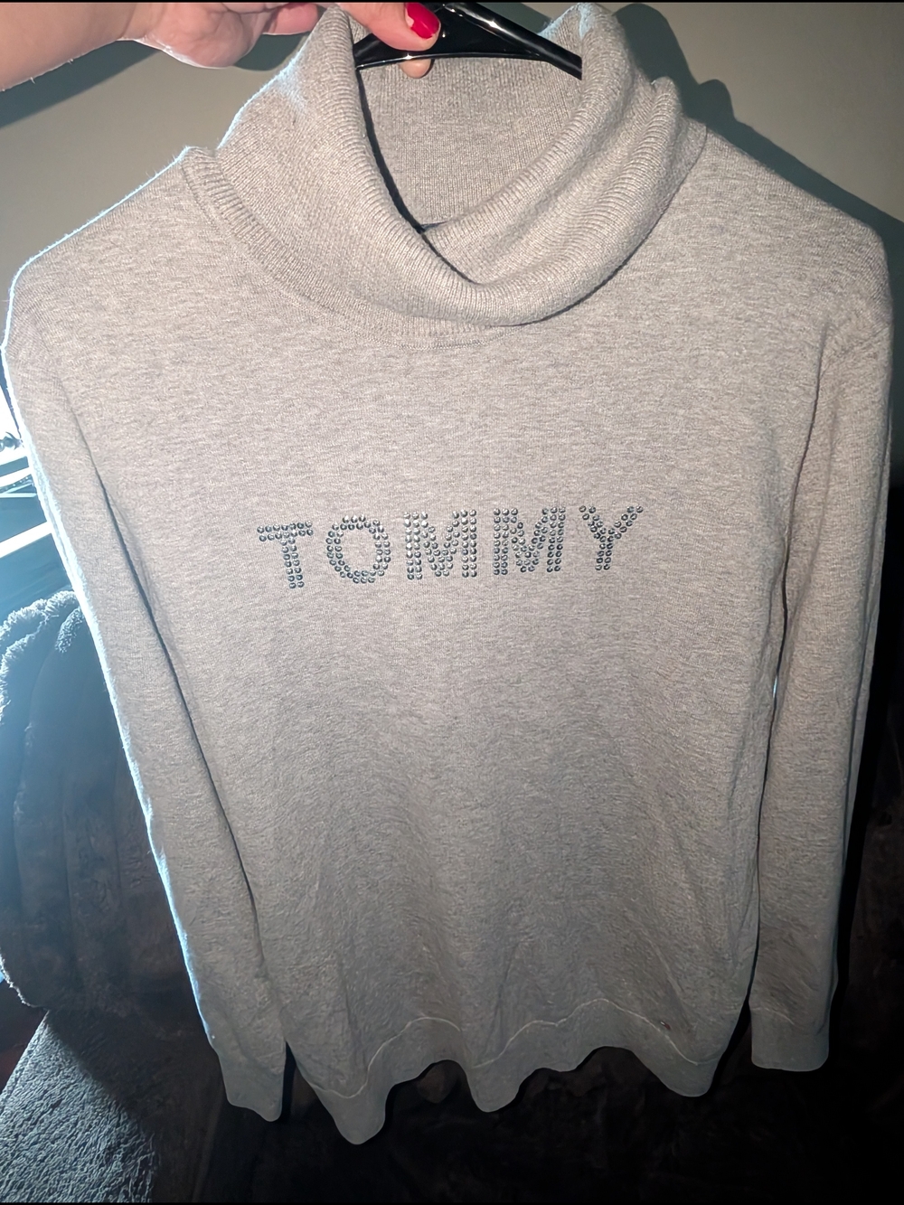 Tommy Hilfiger Light Gray Turtleneck Sweater with Studded TOMMY Logo